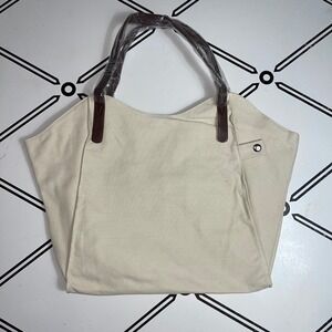 Beige Canvas Tote‎ Bag Faux Leather Handles Snap Closure Everyday Casual
